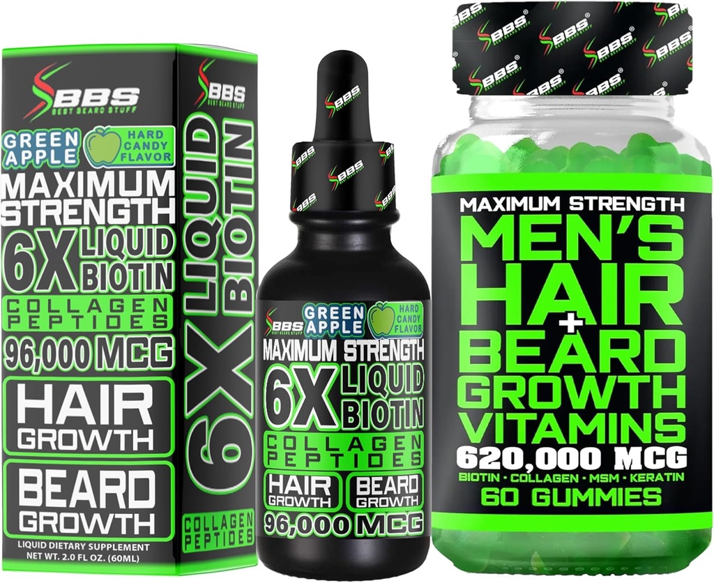 Kit de Crecimiento de barba w / 6X Suplemento BIOTIN líquido con péptidos colágeno + 620.000mcg 14-en-1 BIOTIN Gummies/ Crecimiento de barba Vitaminas " Crecimiento del cabello para hombres - Formulado en América