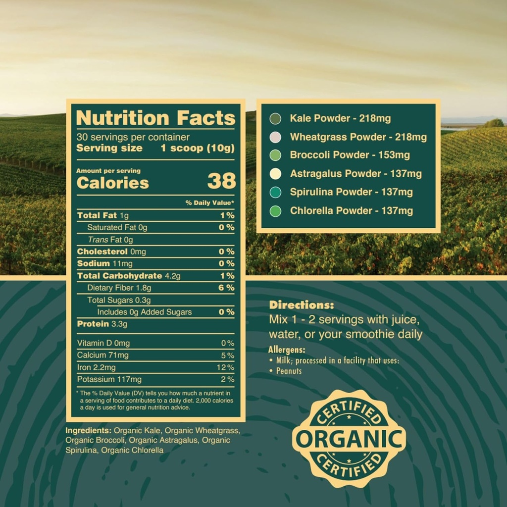 Ecologic Greens Superfood Powder, USA Grown - Kale, Alfalfa Grass, Wheatgrass, Barley Grass, Astragalus, Spirulina, Oat Grass & Clorella, USA Grown (10.6 oz, 1 Month Supply)