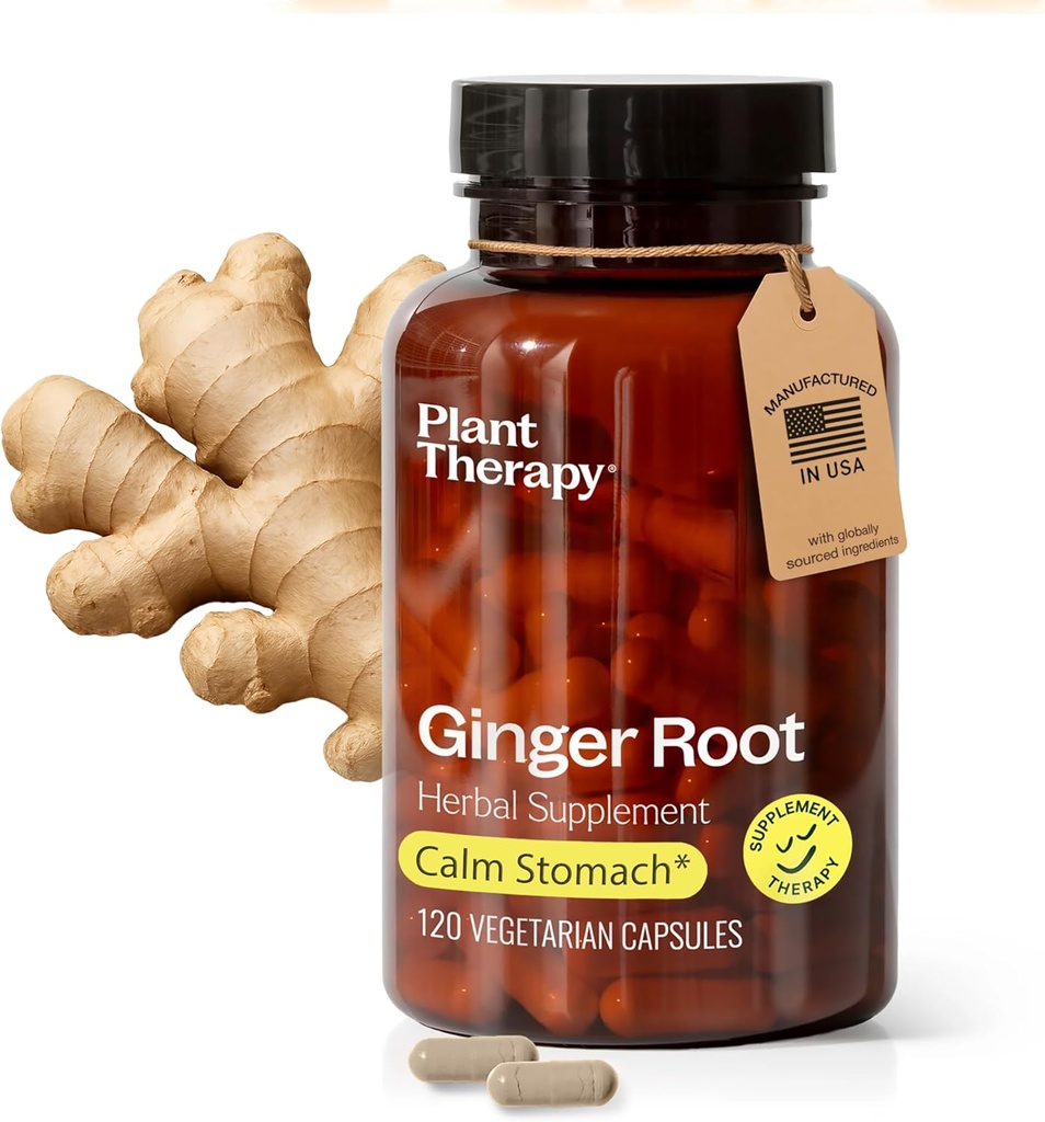 Terapia de plantas Ginger Root Capsules Fabricado en EE.UU. 4 meses de suministro Calms Upset Stomachs, Apoya Digestive Immune Health, Potent Extract Supplements for Women &amp; Men 120 Vegetarian Capsule