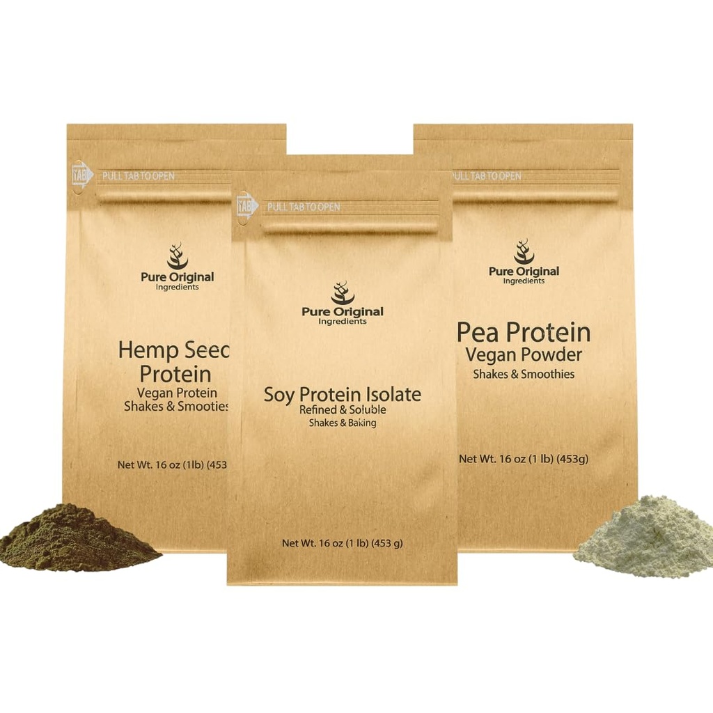 PURE ORIGINAL INGREDIENTES Pea Protein Powder, Soy Protein Powder, y cáñamo de semilla de cáñamo Protein Powder Bundle, 1 lb Cada, Soothies & Shakes, Vegan