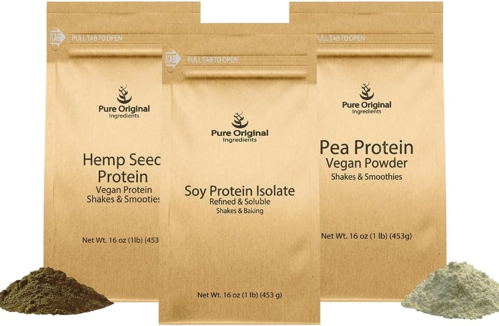 PURE ORIGINAL INGREDIENTES Pea Protein Powder, Soy Protein Powder, y cáñamo de semilla de cáñamo Protein Powder Bundle, 1 lb Cada, Soothies & Shakes, Vegan
