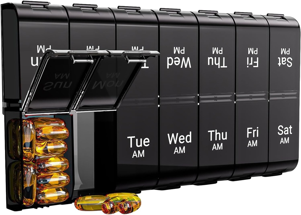 7 Días Extra Grande Organizador de Píldoras 2 veces al día, Caja semanal de Píldoras Dos veces al día, Caso de Píldora XL AM PM, Organizador de Medicina diaria sobredimensionado para Vitamina, Gran Contenedor de Píldoras (Negro)
