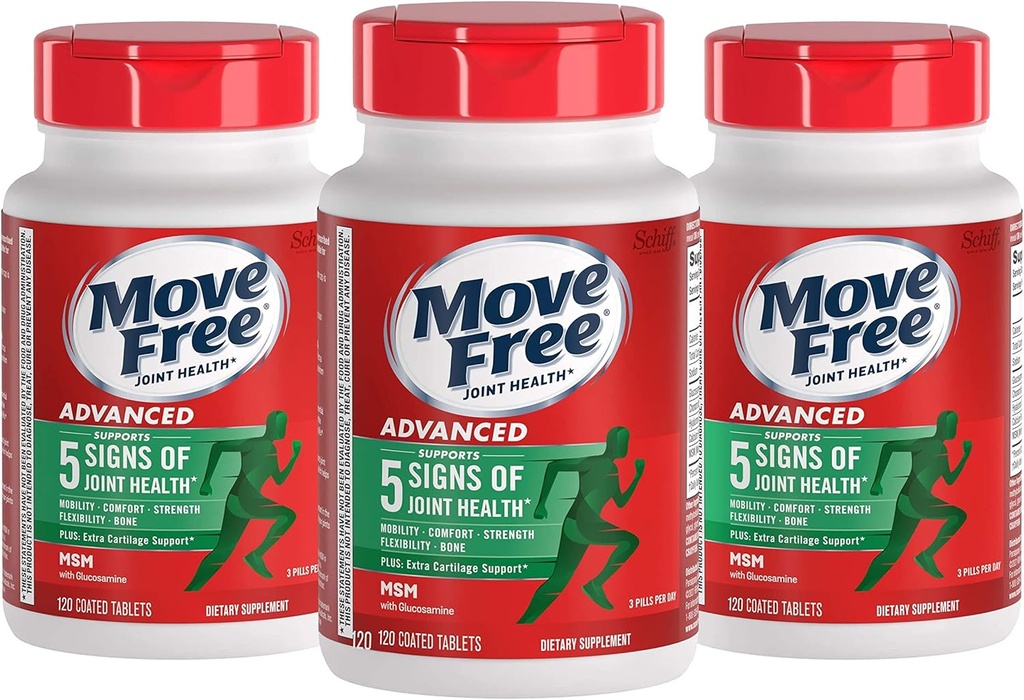 Move Free Advanced Glucosamine Chondroitin MSM Joint Support Supplement, Supports Mobility Comfort Strength Flexibility & Bone - 120 Count (Pack of 3)