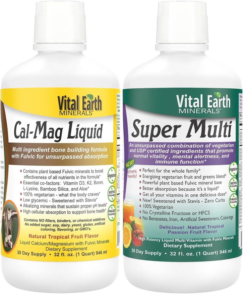Vital Earth Minerals Bone &amp; Wellness Support – Cal Mag Liquid + Super Multi, Liquid Multivitamins, MTHFR Support, 32 Oz Ea