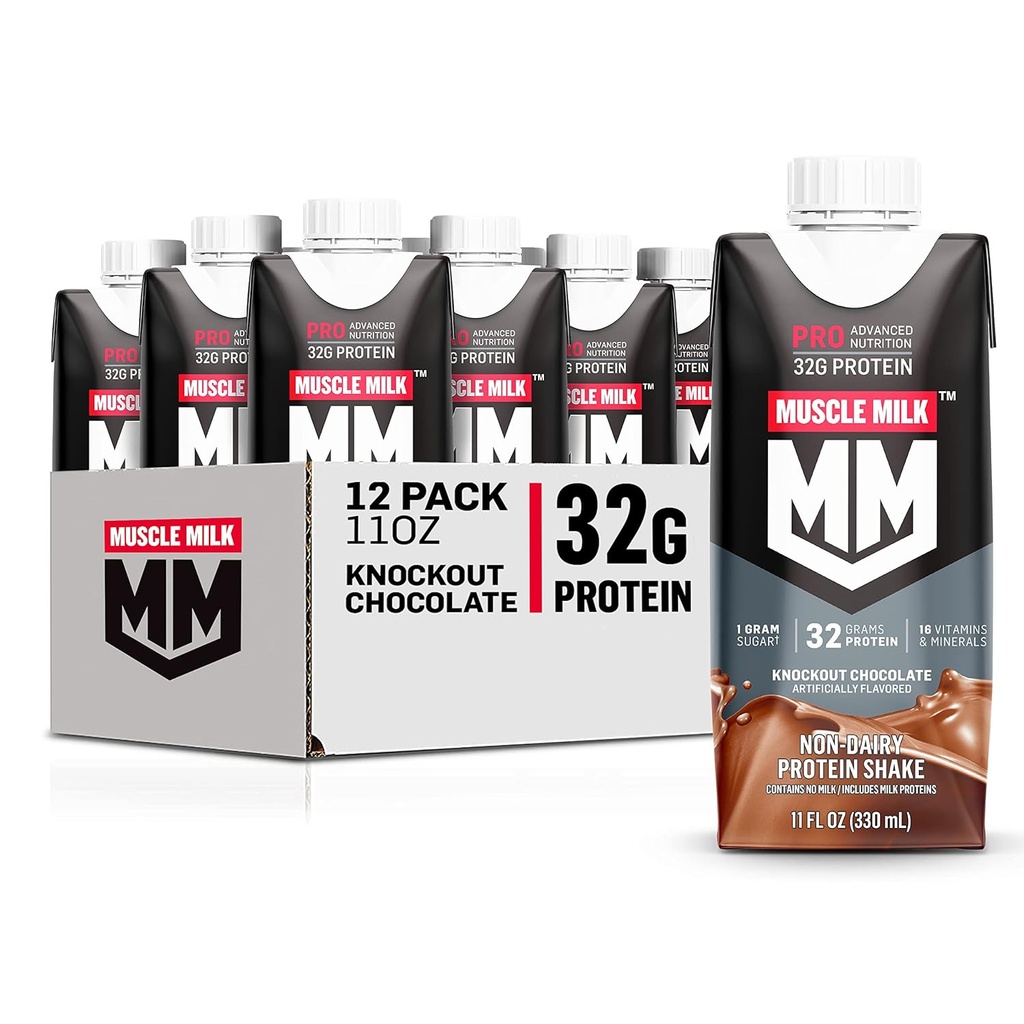 Muscle Milk Pro Advanced Nutrition Protein Shake, Knockout Chocolate, 11 Fl Oz Carton, 12 Pack, 32g Protein, 1g Sugar, 16 Vitaminas & Minerales, 5g Fiber, Workout Recovery, Packaging May Vary