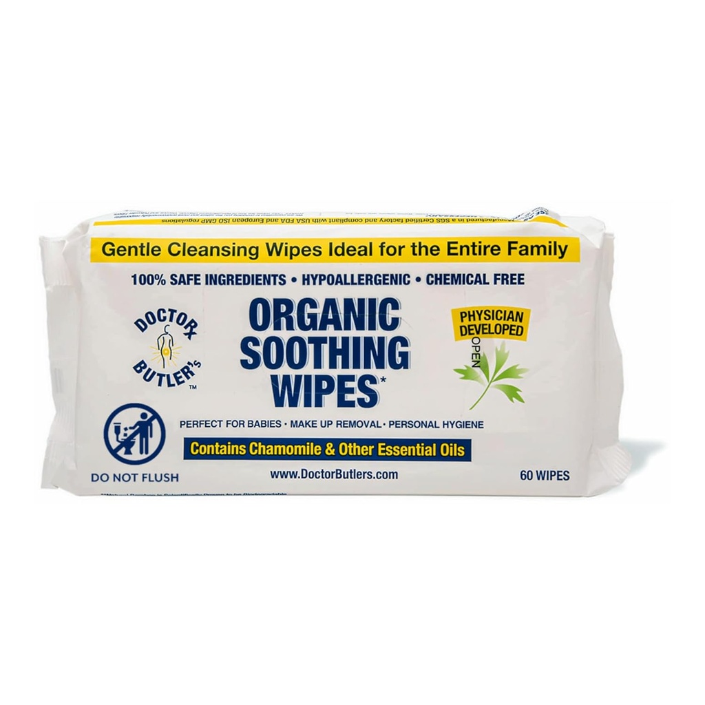 Wipes relajantes del doctor Butler – Wipes húmedos de todo el cuerpo para la piel sensible, las formas faciales y las formas de bebé con manzanilla y aceites esenciales* (1 Pack – 60 Cuenta)