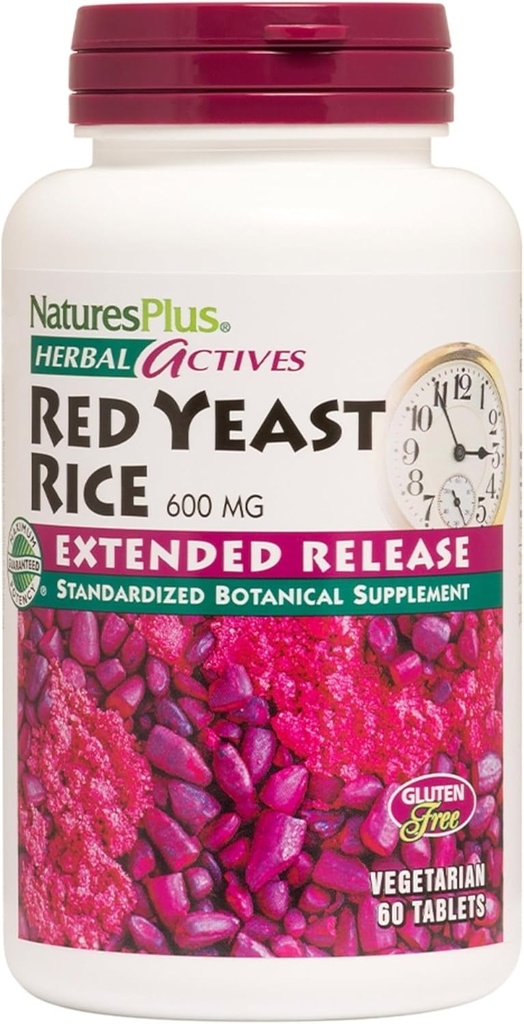 NaturesPlus Herbal Actives Red Yeast Rice, Extended Release - 600mg, 60 Vegan Tablets - Herbal Supplement - Cholesterol Support - Vegetariano, Gluten-Free - 60 Servings