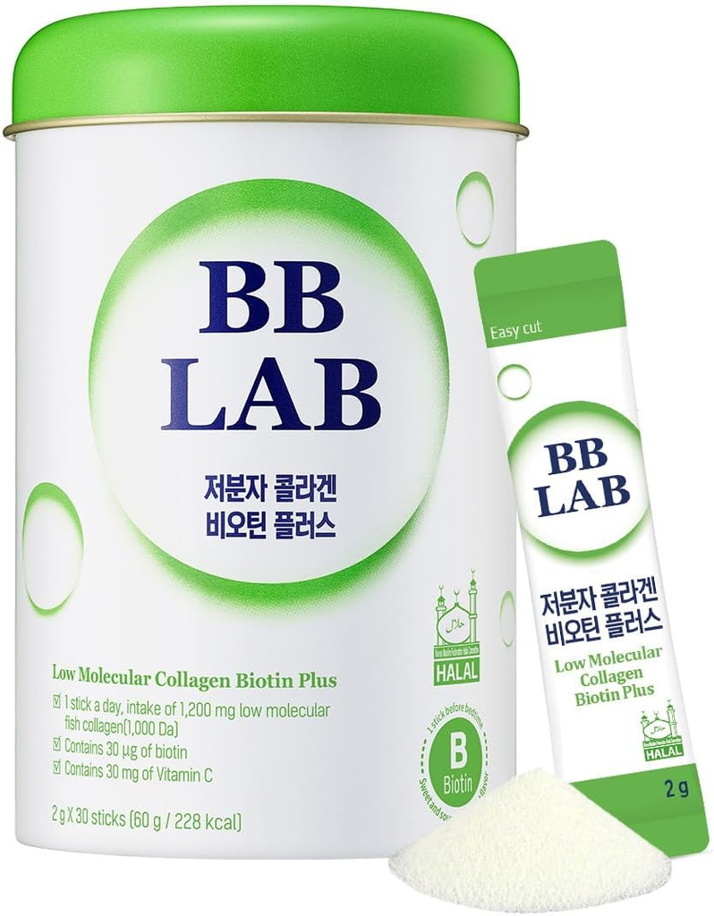 BB LAB Low Molecular Collagen Biotin Plus, Halal Collagen, Powder Supplement, Korean Marine Collagen, Fish Collagen Peptides, Biotina, Vitamina C, Fast Absorption, Shine Muscat Flavor