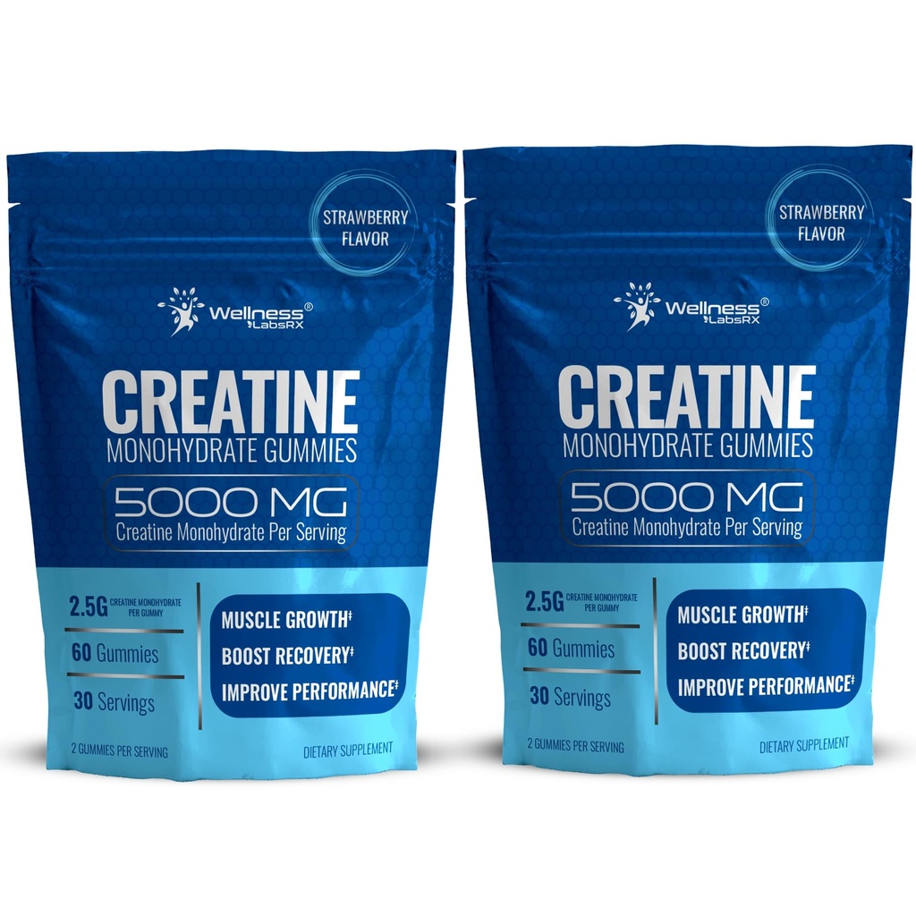 Creatine Gummies 5000mg, 30 Servings Creatine Monohydrate Gummies - Cretina testada de terceros para Mujeres, Sabor de Fresa Creatina para Hombres, Crecimiento muscular, Fuerza y Recuperación - Pack de 1