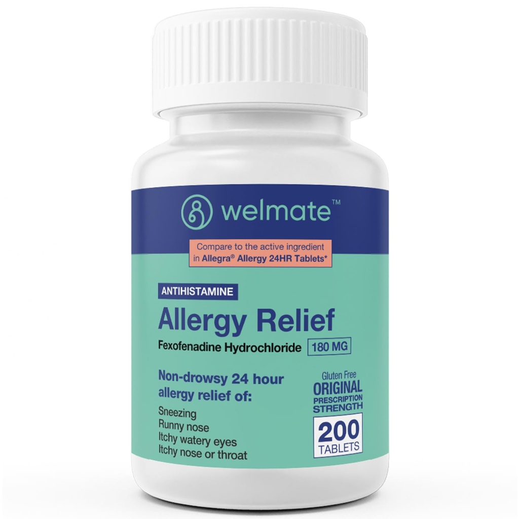 WeLMATE Alivio de la Alergia - Fexofenadine HCl 180 mg - Antihistamínico no Hornos - 200 Tabletas Cuenta