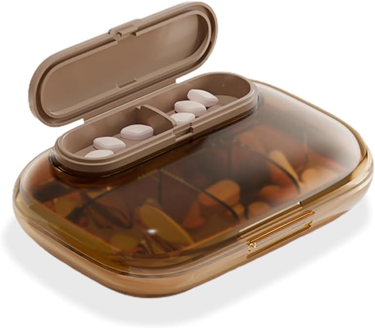 Caja pequeña de 7 días, caja compacta semanal de vitaminas, dispensador de píldoras de viaje portátiles, medicamentos elegantes y suplementos organizador (brown)