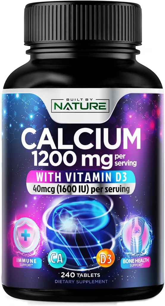 Calcio 1200 mg con vitamina D3 para la mejor absorción - Suplemento de soporte de bonificación avanzada, 1200 mg de carbonato de calcio " 1600 UI Vitamina D3, liberación lenta para soporte de inmuno, fácil de absorber, 240 tabletas