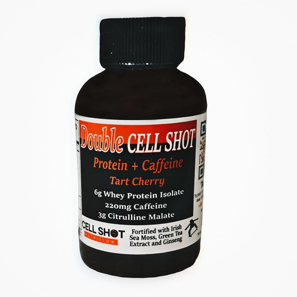 Tart Cherry Punch - 4 Pack - Protein + Caffeine - Doble Célula Shot - BCAAs con la cafeína, Nootropics, Cacao, Moss Mar, Ginseng, Whey - Wake-Up y Focus