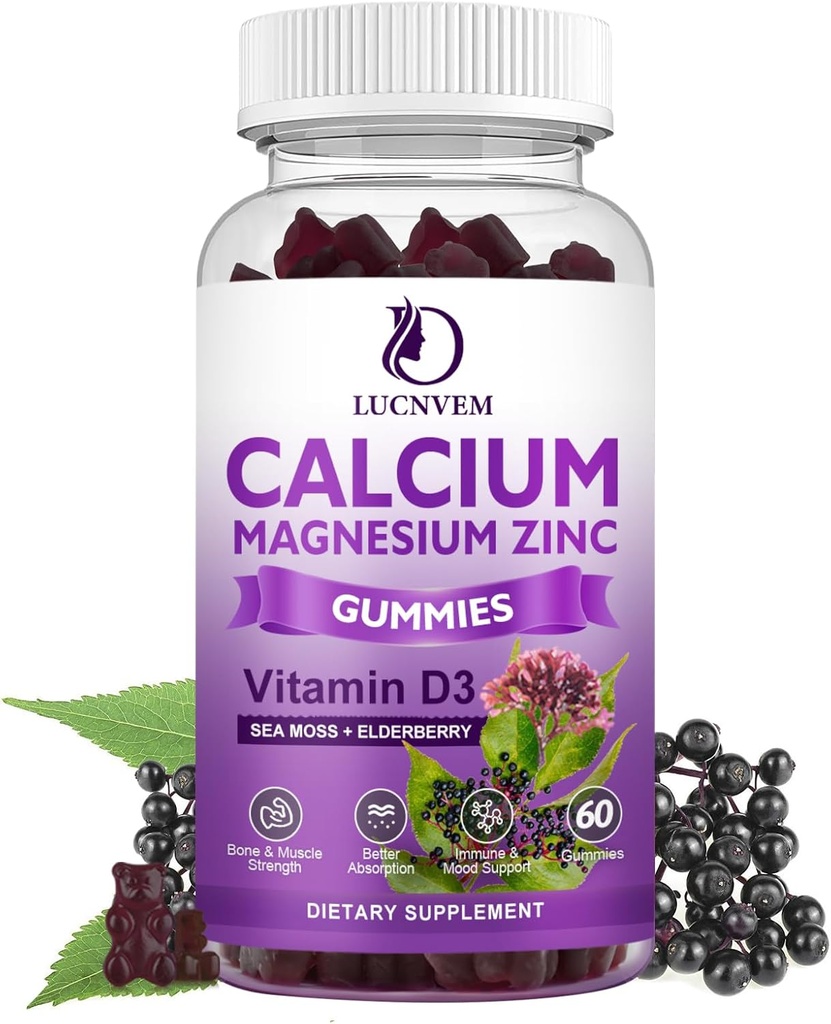 Azúcar libre de calcio Magnesio Zinc Gummies con elderberry y el mar Moss, Calcio Magnesio 2:1, Magnesio Glycinate, Potasio y Vitamina D3 para Huesos, Musculos, Calma Mood &amp; Sleep Support, 60 Gummies