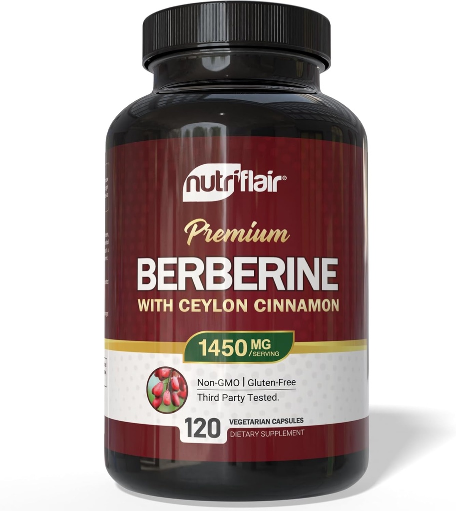 NutriFlair Berberine con Ceylon Cinnamon 1450mg Suplemento – 120 capsules ¦ High Potency Formula with Berberine HCl & Organic Ceylon Cinnamon ← Non-GMO, Vegan, Gluten-Free