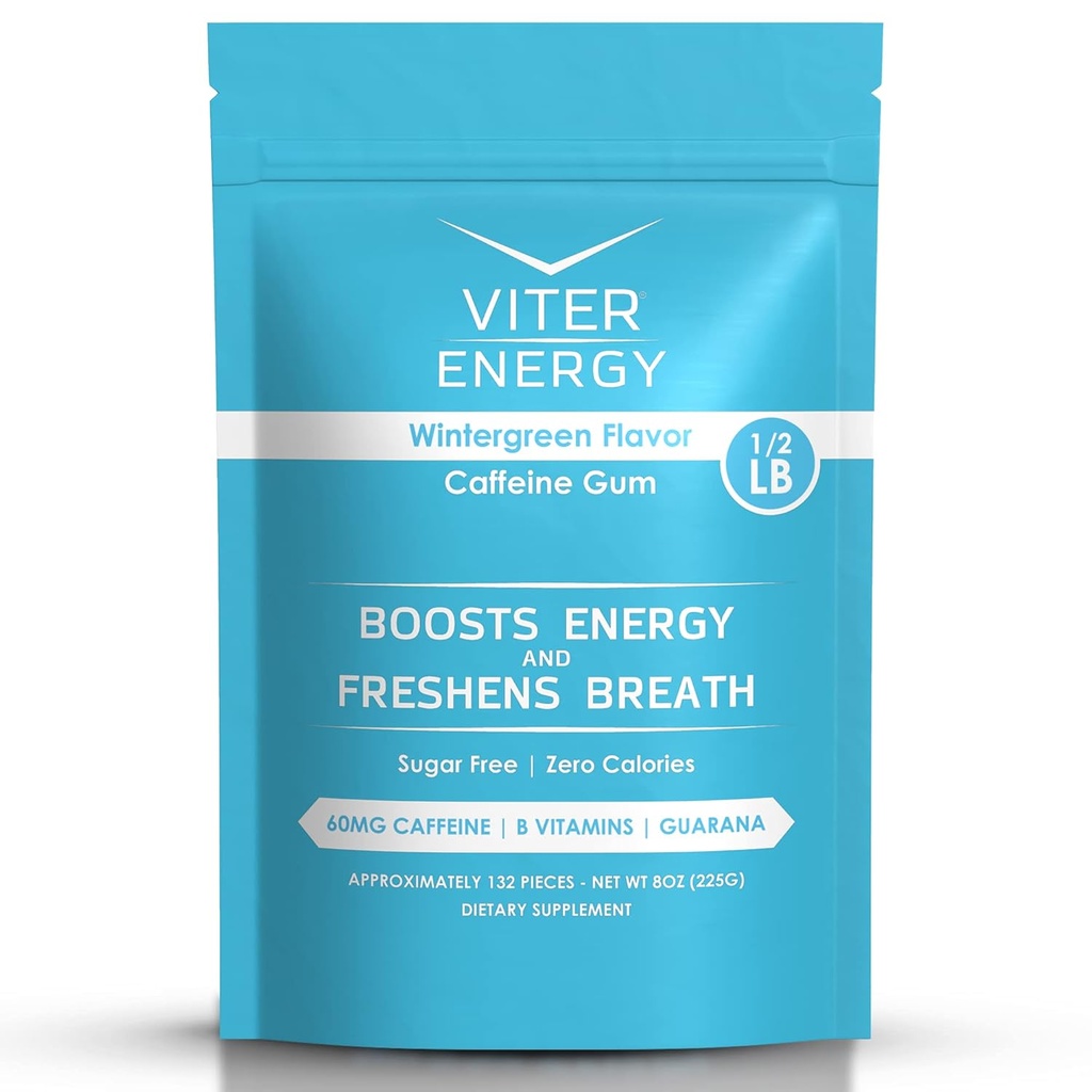 Viter Energy Caffeinated Gum 60mg Caffeine, B Vitamins, Guarana, Sugar Free. (Wintergreen, 8oz, Bulk Bag)