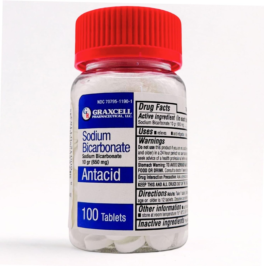 Sodium Bicarbonate Tablets ←USP 650mg (10 Grains) SilencioRelief of Acid Indigestion, Heartburn, Sour Stomach &amp; Upset Stomach ← Kidney Health ← 100 Count