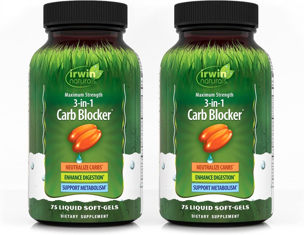 Irwin Naturals Maximum Strength 3-in-1 Carb Blocker, Neutralize Carbohydrates y Soporte Metabolismo, 75 Liquid Softgels, 2 Pack