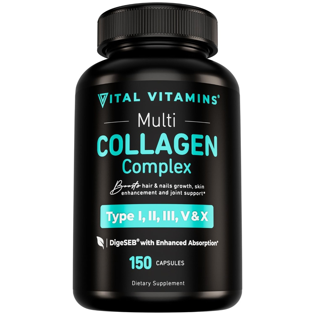 Vitaminas Vitales Multi Collagen para Hombres Mujer - Tipo I, II, III, V, X - Grass Fed, Non-GMO - 150 cápsulas