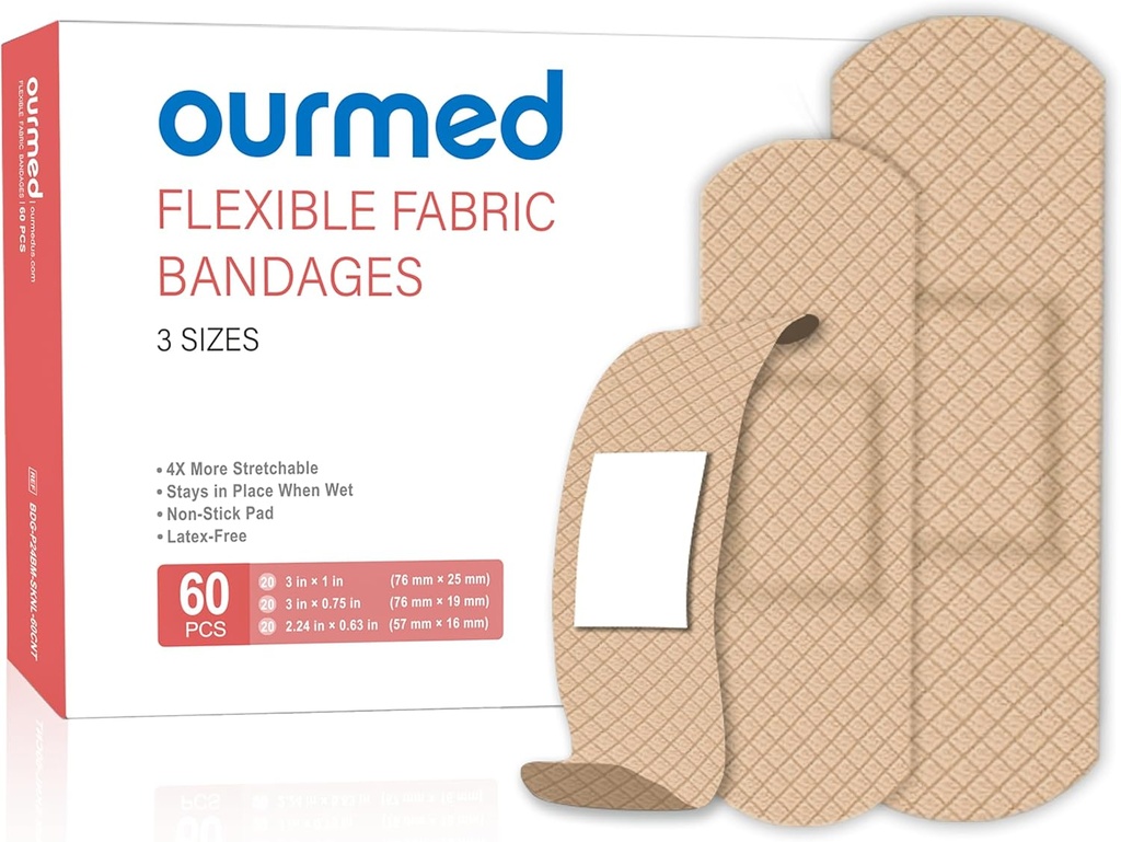 Bandas adhesivas de tela flexibles,60 Cuenta, Banda gratuita de primeros auxilios de látex con Pad para el cuidado de heridas, cortes, rayas, ampollas, tamaños surtidos