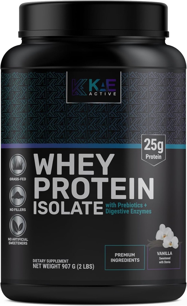 KAE Active Easily Digestible Vainilla Grass-Fed Whey Protein Isolate Powder. Fórmula limpia con sólo 5 Ingredientes. 25g de Proteína.