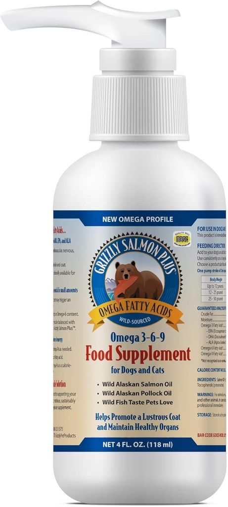Grizzly Salmon Oil Cat Food Supplement Omega 3 Fatty Acids, 4 oz