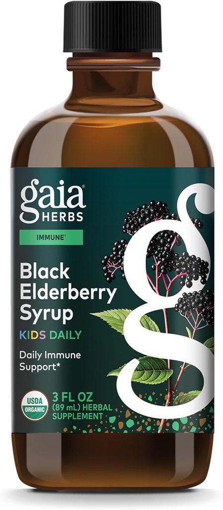 Gaia Herbs GaiaKids Black Elderberry Syrup - Delicious Immune Support Supplement for Kids - with Organic Black Elderberries and Honey - USDA Certified - 3 Fl Oz