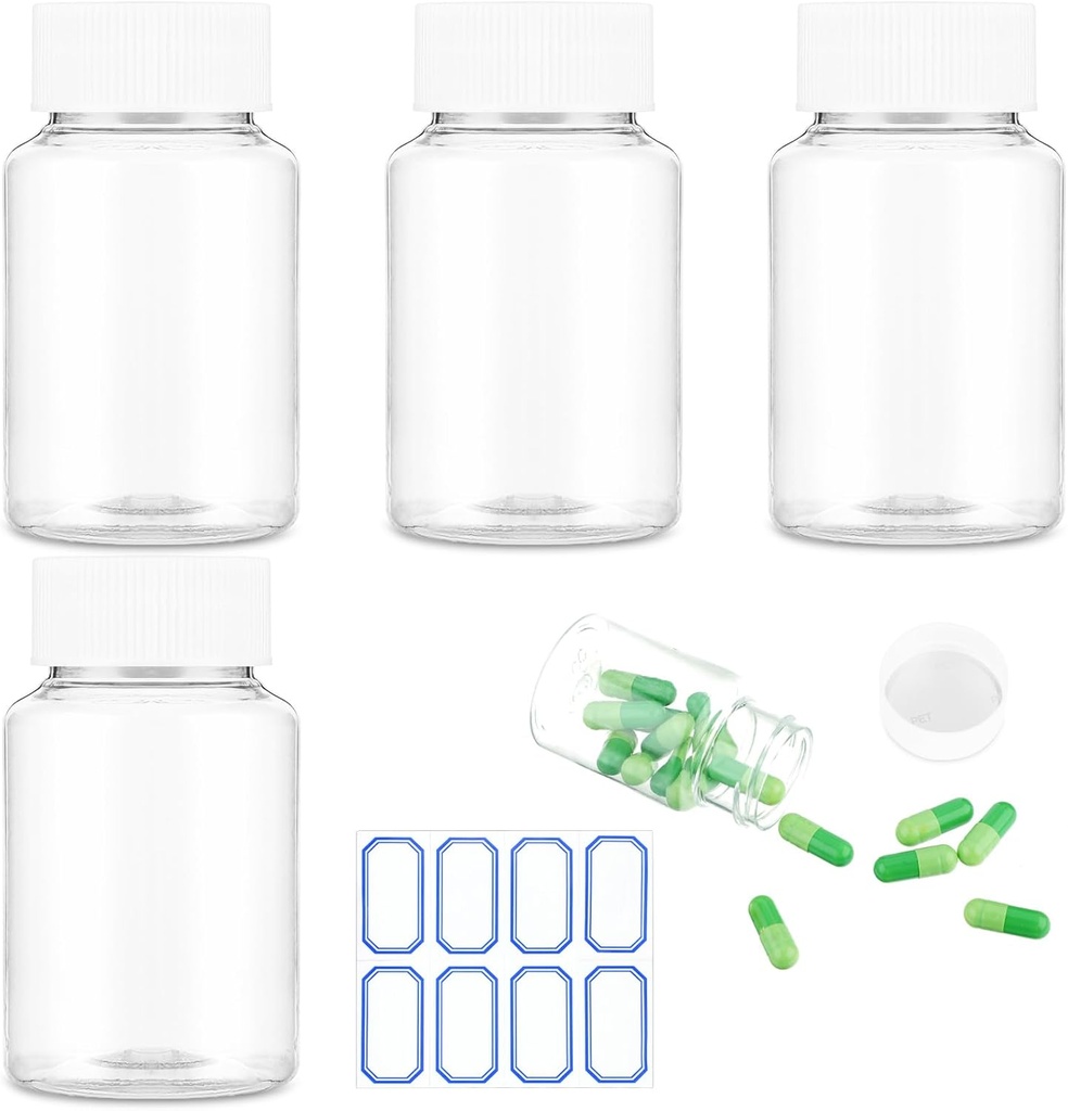 4Pcs Borrar Botellas de Píldora de Plástico, 50ml Contenedores de Medicina Vacío con Cápsulas para Polvo Sólido Líquido