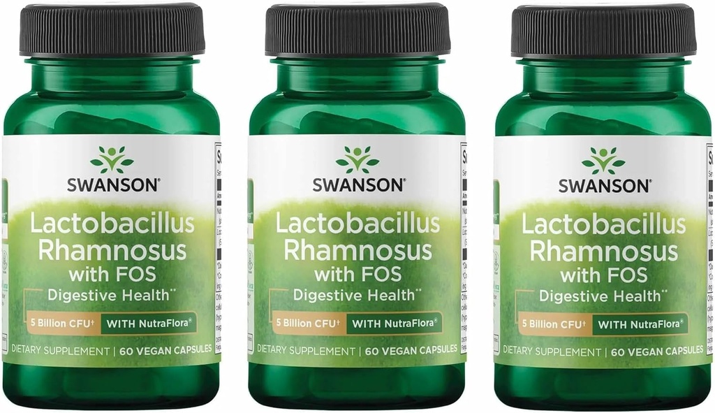 Swanson Lactobacillus Rhamnosus with FOS - Probiotic Supplement Supports Digestive Health - 5 Billion CFU - Promotes GI Tract Health During Travel - (60 Veggie Caps) 3 Pack