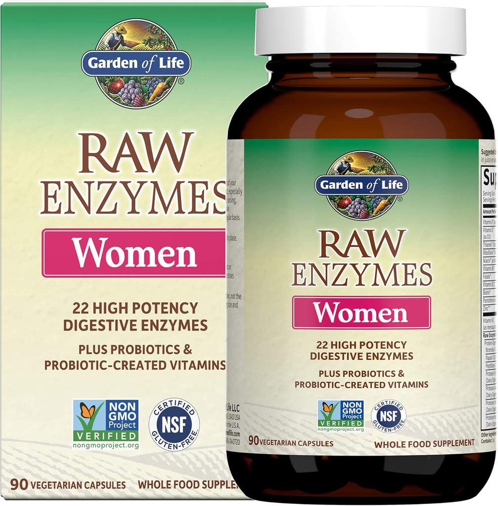 Jardín de la vida 22 Enzimas digestivas para mujeres con bromelaina, papaína, lactasa y probióticos " Vitaminas B12, Biotina " Zinc – RAW Enzymes – No GMO, Libre de gluten, Vegetariano, 90 cápsulas