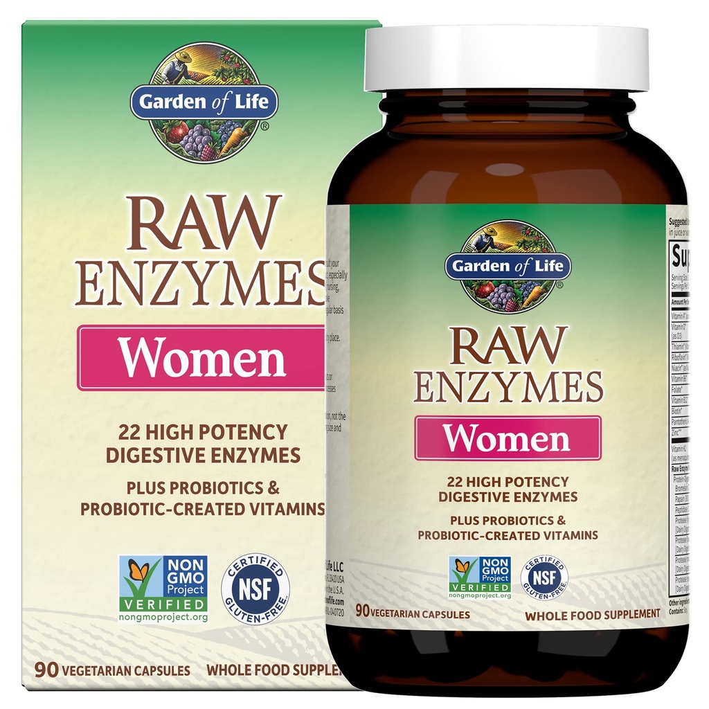 Jardín de la vida 22 Enzimas digestivas para mujeres con bromelaina, papaína, lactasa y probióticos " Vitaminas B12, Biotina " Zinc – RAW Enzymes – No GMO, Libre de gluten, Vegetariano, 90 cápsulas