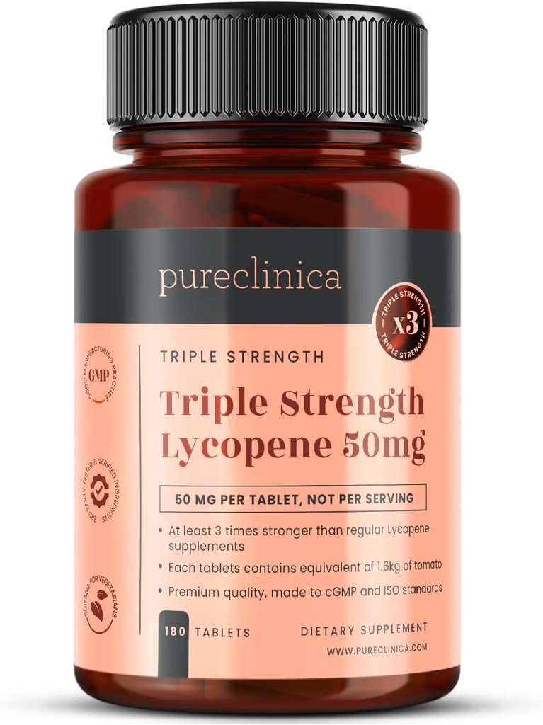 purclinica Lycopene 50mg x 180 Tabletas (6 meses de suministro). 300% Fuerza de tablas regulares de Lycopene