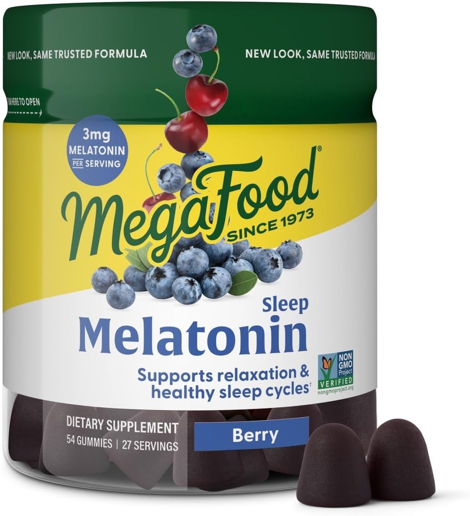 MegaFood Melatonin Gummies - Melatonin 3mg por Serving to Help Relax & Fall Asleep – Sleep Gummies for Adults - Berry Flavor, Non-GMO, Certified Vegan - 54 Conde (27 Servings)