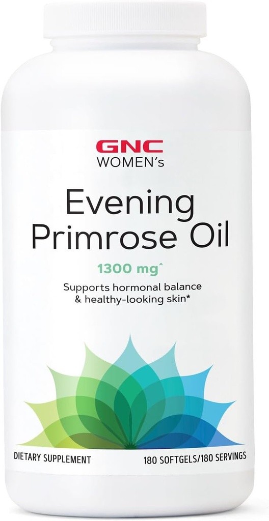Aceite de pie de noche para mujeres GNC (EPO) 1300 mg TENIDO Apoyo Equilibrio hormonal, Inmunidad, Esquí saludable y salud cardiaca ← Vitamina diaria 180 Softgel Capsules