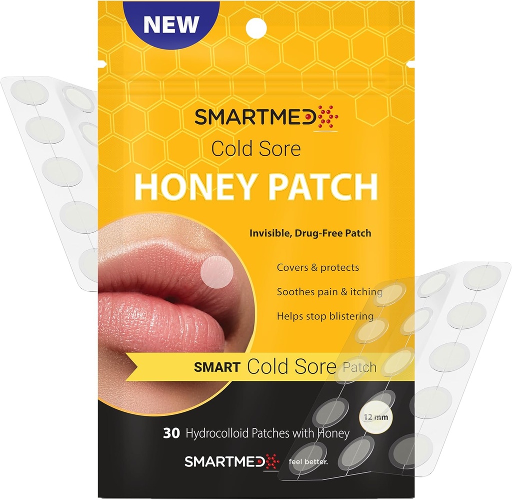 Smart Cold Sore Patch Honey - 30 ct 12mm - Tratamiento de la ampolla de fiebre - Conceals Protege Soothes " Hides Cold Sores - Bandages invisibles - Ayuda a calmar el picor quemadura