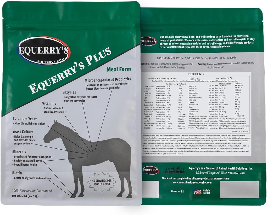 Equerry's Plus Horse Supplement - Enhanced Support with Probiotics for Digestion, Vitamins, and Minerals - Made in USA - 5 lb