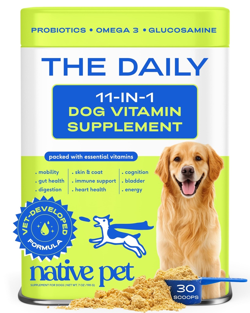 Native Pet The Daily Dog Vitamins & Supplements - 11-in-1 Multivitamin Powder for Dogs - Supports Whole Body Health, Digestion, Mobility & Immunity with Collagen, Glucosamine & Probiotics – 30 Scoops