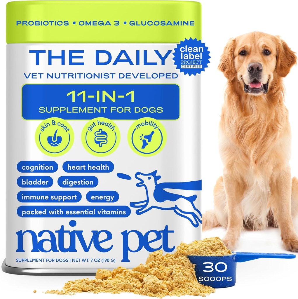 Vitaminas y suplementos para perros de mascotas nativas - 11-in-1 Polvo multivitamínico para perros Topper de alimentos - Collagen, Glucosamina, Probióticos, Omega &amp; Más- Apoyos Gut saludable, movilidad &amp; salud general -30 Scoops