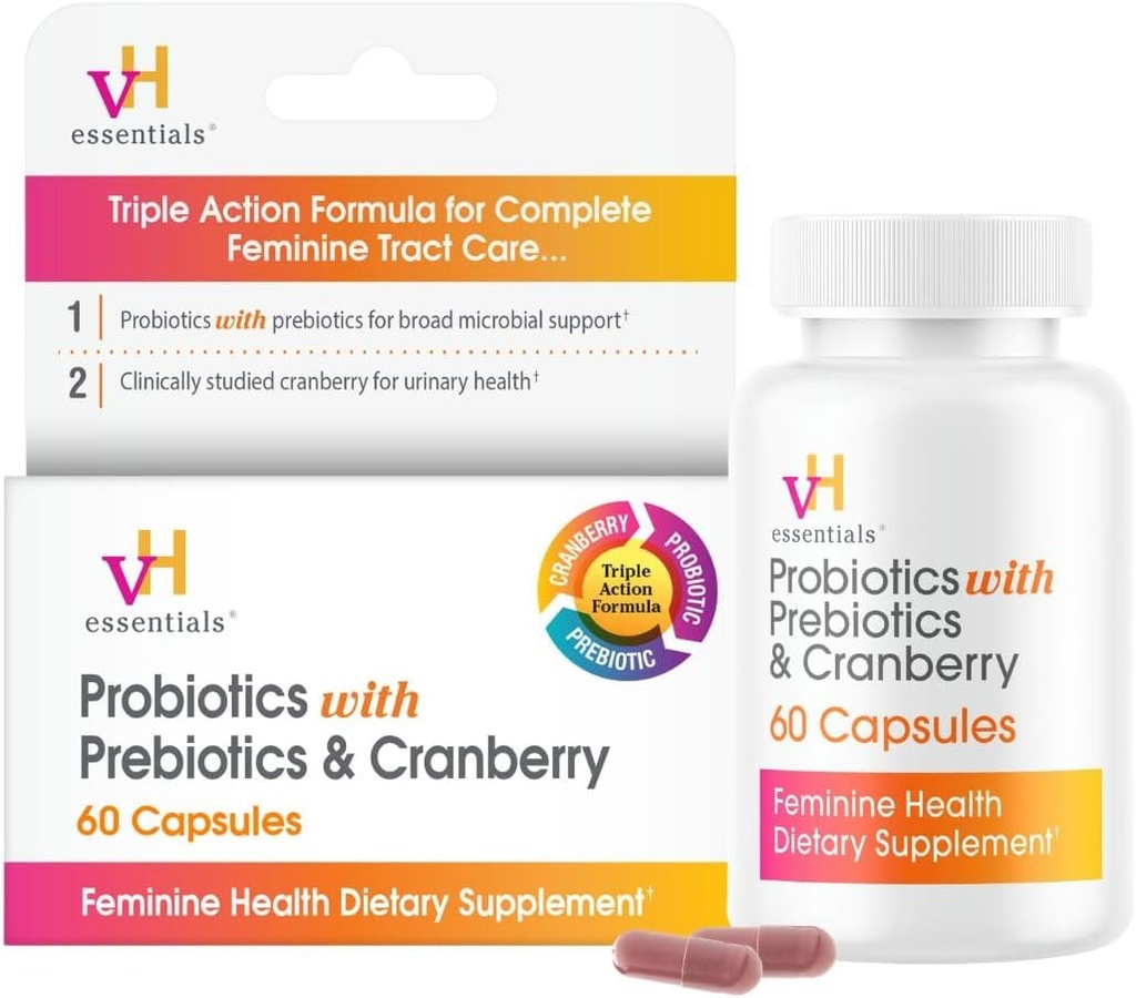 VH Essentials Probióticos para Mujeres con Prebióticos, Arándano &amp; Vitamina C - 60 cápsulas (30 días de suministro) - Probióticos para Mujeres Apoyo Gut Balance, Salud Femenina & Salud de la Urinary Tract Health for Women