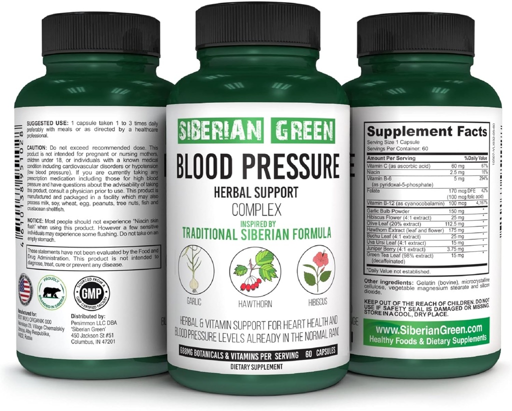 Siberian Green Blood Cardio Pressure Herbal Support - Hawthorn, Hibiscus, Garlic - 60 Capsules - Traditional Siberian Formula
