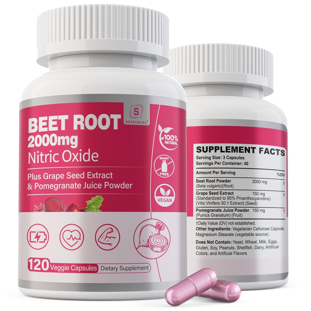 Beet Root Capsules 2000mg Nitric Oxide Suplementos w / Grape Seed Extract, Pomegranate Extract admite Circulación " Blood Flow, Energy for Men/Women, Organic Beetroot Powder, Non GMO, 240 Condes