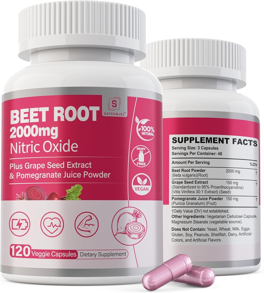 Beet Root Capsules 2000mg Nitric Oxide Suplementos w / Grape Seed Extract, Pomegranate Extract admite Circulación " Blood Flow, Energy for Men/Women, Organic Beetroot Powder, Non GMO, 240 Condes