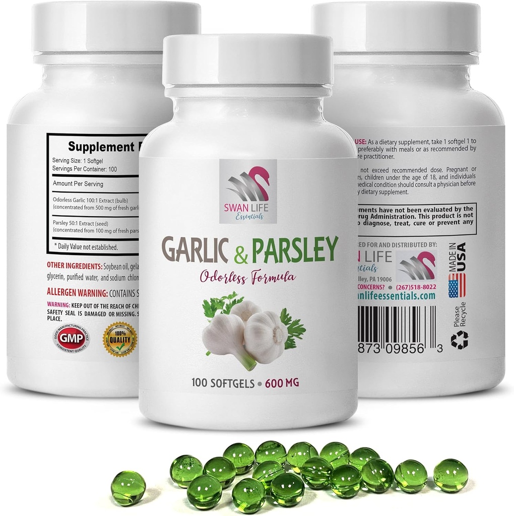suplementos antioxidantes - GARLIC AND PARSLEY ODORLESS FORMULA - suplementos de ajo, suplementos de ajo y perejil, suplementos de perejil, suplementos de ajo sin olor, perejil - 1B 100 Softgels