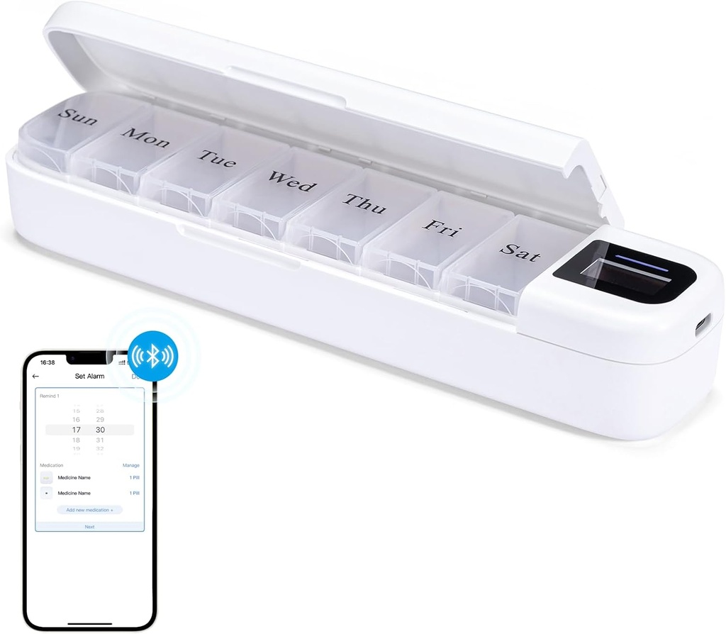 Odaro Smart organizador semanal de píldoras con alarma - Bluetooth dispensador de píldoras 7 días, vitaminas Recordador de caja de píldoras para ancianos (White)