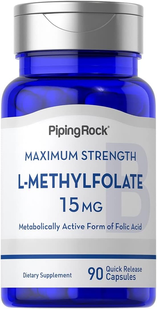 Piping Rock L Methylfolate 15 mg  90 Capsules ← Max Potency ← Active Folic Acid Suplemento No-GMO, Gluten Free