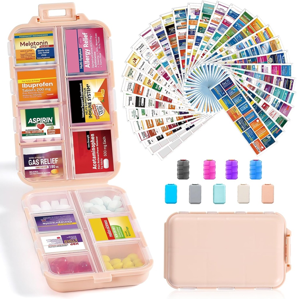 14 Grids Travel Pill Organizer Box con 415-Pcs Medicine Name Labels - Pocket Daily Pharmacy Case Container Kit - Travel Medication Holder Dispenser for Fish Oil Vitamin Storage Supplement - Pink