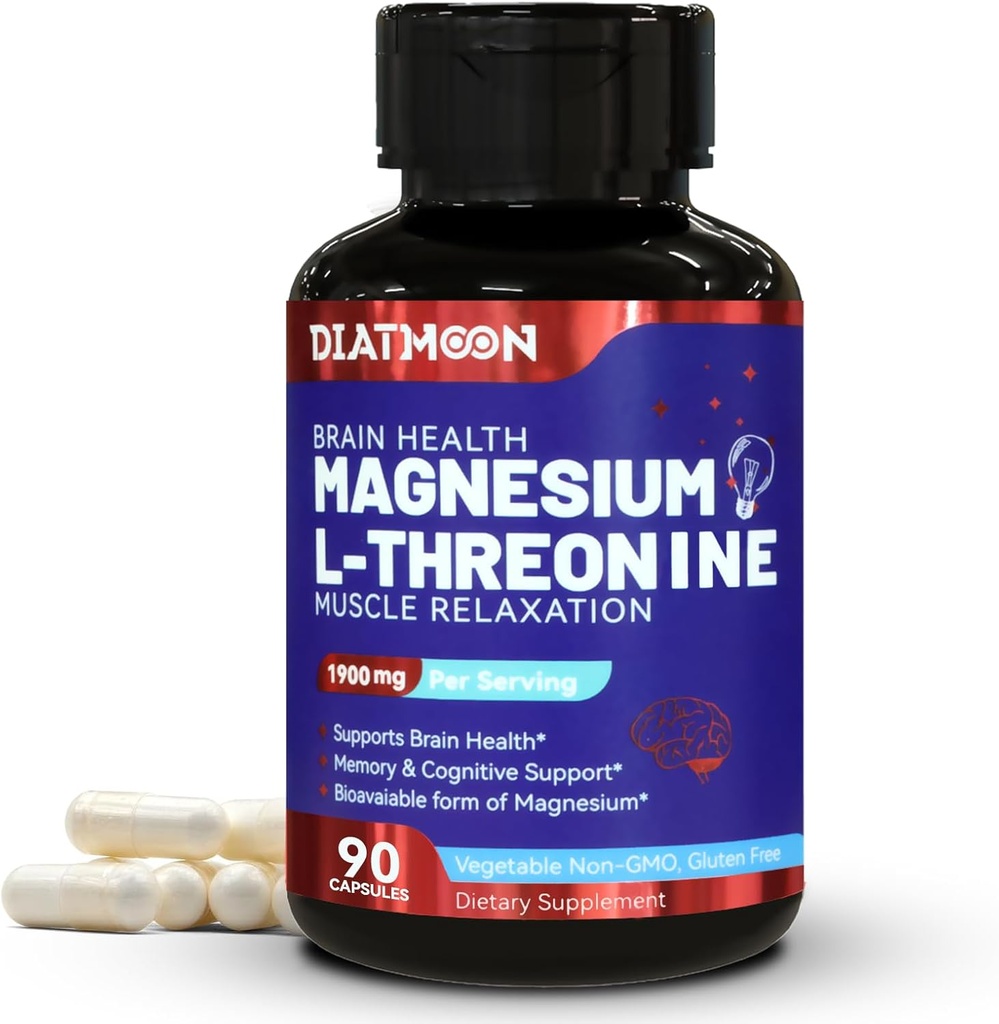 Magnesio L-Threonina, Suplemento de Magnesio de alta absorción, 1900 mg de Threonina de magnesio para la salud cerebral, soporte de memoria, Gluten Gratis, No GMO,90 cápsulas veganas
