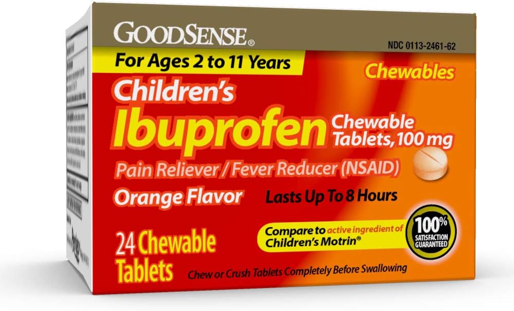 GoodSense Las tabletas para niños ibuprofeno Chewable, 100 mg, 24 conteo, alivio del dolor y reducción de la fiebre (NSAID), reduce temporalmente la fiebre y aliviar los dolores y dolores menores