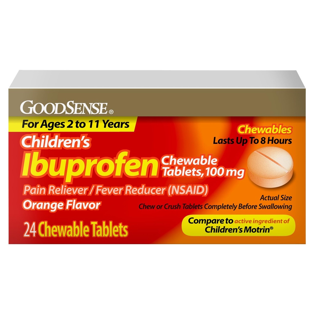 GoodSense Las tabletas para niños ibuprofeno Chewable, 100 mg, 24 conteo, alivio del dolor y reducción de la fiebre (NSAID), reduce temporalmente la fiebre y aliviar los dolores y dolores menores