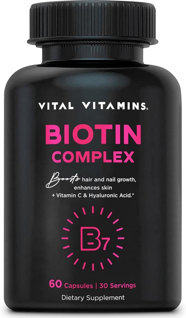 Vitaminas Vitales Complejo de Biotina - con ácido hialurónico, MSM, Collagen, " Vitamina C - Suplemento para el cabello, la piel, " uñas - 60 cápsulas